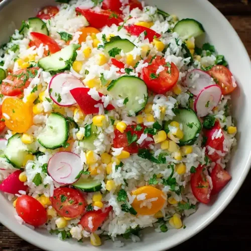 Klassischer Reissalat mit frischem Gemüse in einer Servierschüssel