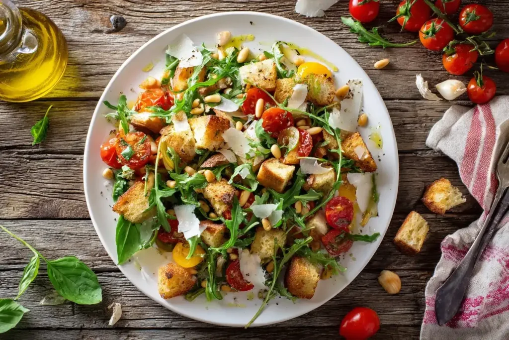 Mediterraner Brotsalat – schnell und einfach gemacht Mediterraner Brotsalat mit knusprigem Ciabatta, Kirschtomaten, Rucola, Parmesan, Pinienkernen und frischem Basilikum auf einem rustikalen Teller