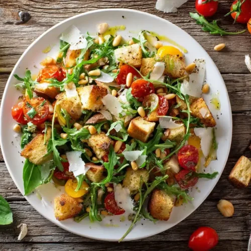 Mediterraner Brotsalat mit knusprigem Ciabatta, Kirschtomaten, Rucola, Parmesan, Pinienkernen und frischem Basilikum auf einem rustikalen Teller