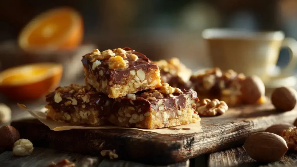 Nussecken – Einfach, Saftig und Unwiderstehlich Saftige Nussecken mit nussigem Belag und Schokoladenspitzen auf Backblech