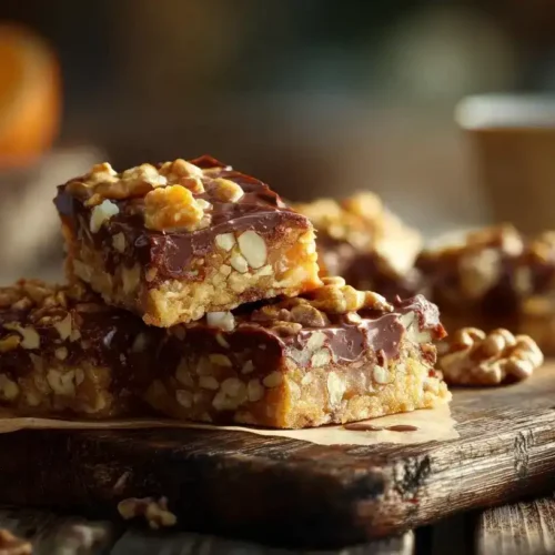 Saftige Nussecken mit nussigem Belag und Schokoladenspitzen auf Backblech