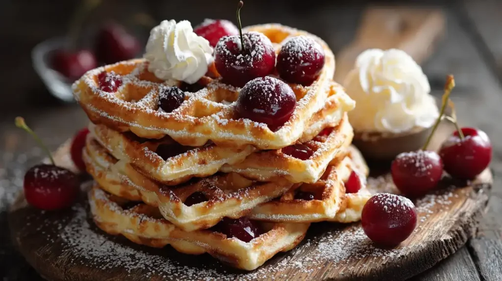 Omas Waffeln – frisch gebackene Herzwaffeln mit Puderzucker, Kirschen und Sahne