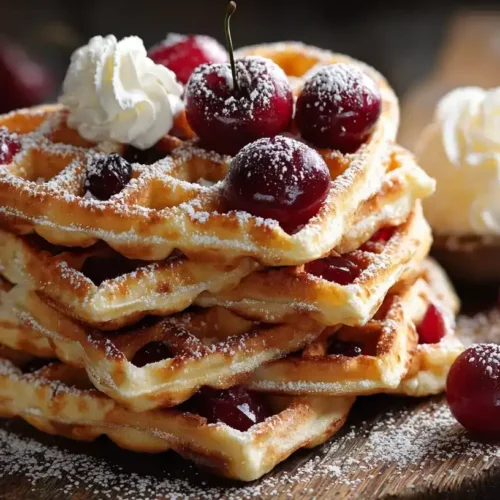 Omas Waffeln – frisch gebackene Herzwaffeln mit Puderzucker, Kirschen und Sahne