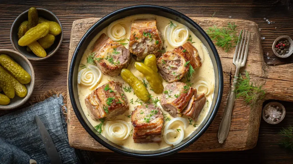 Einfacher Party-Rouladentopf à la Ute Party-Rouladentopf à la Ute im Bräter mit cremiger Soße und Gemüse