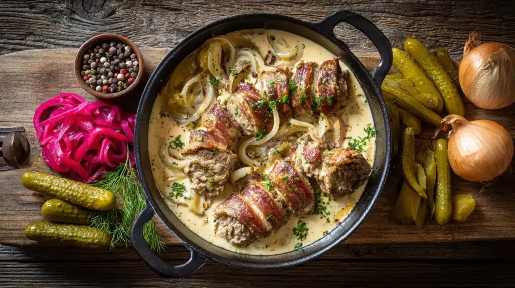 Servierter Party-Rouladentopf à la Ute mit Rinderrouladen, Speck und Gewürzgurken