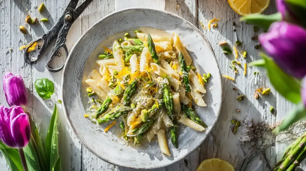 Nahaufnahme von Pasta mit grünem Spargel, Parmesan, Pistazien und Zitronenzeste, serviert auf Holztisch