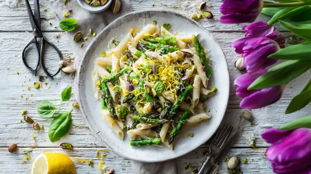 Cremige Pasta mit grünem Spargel, Basilikum, Pistazien und Zitronen-Buttersoße auf rustikalem Teller