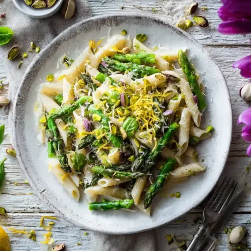 Cremige Pasta mit grünem Spargel, Basilikum, Pistazien und Zitronen-Buttersoße auf rustikalem Teller
