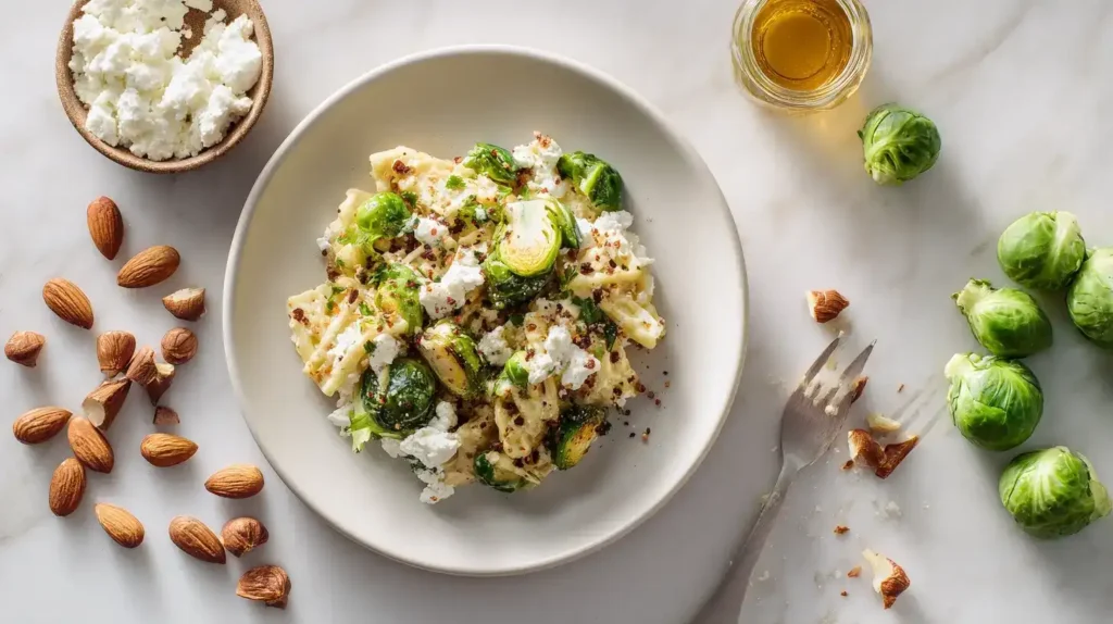 Schnelle Pasta mit Rosenkohl, Mandeln und Ricotta auf Teller serviert