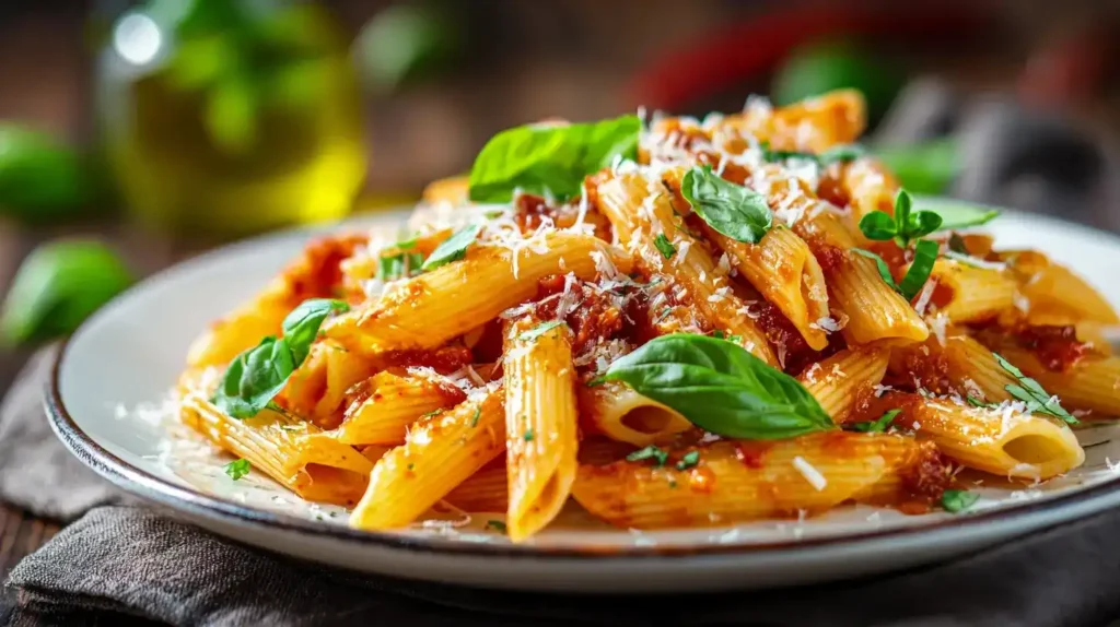 Penne Arrabiata – fruchtig-scharf wie vom Italiener Fruchtig-scharfe Penne Arrabiata mit frischem Basilikum und Parmesan auf weißem Teller