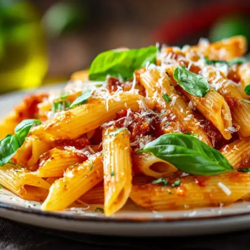 Fruchtig-scharfe Penne Arrabiata mit frischem Basilikum und Parmesan auf weißem Teller
