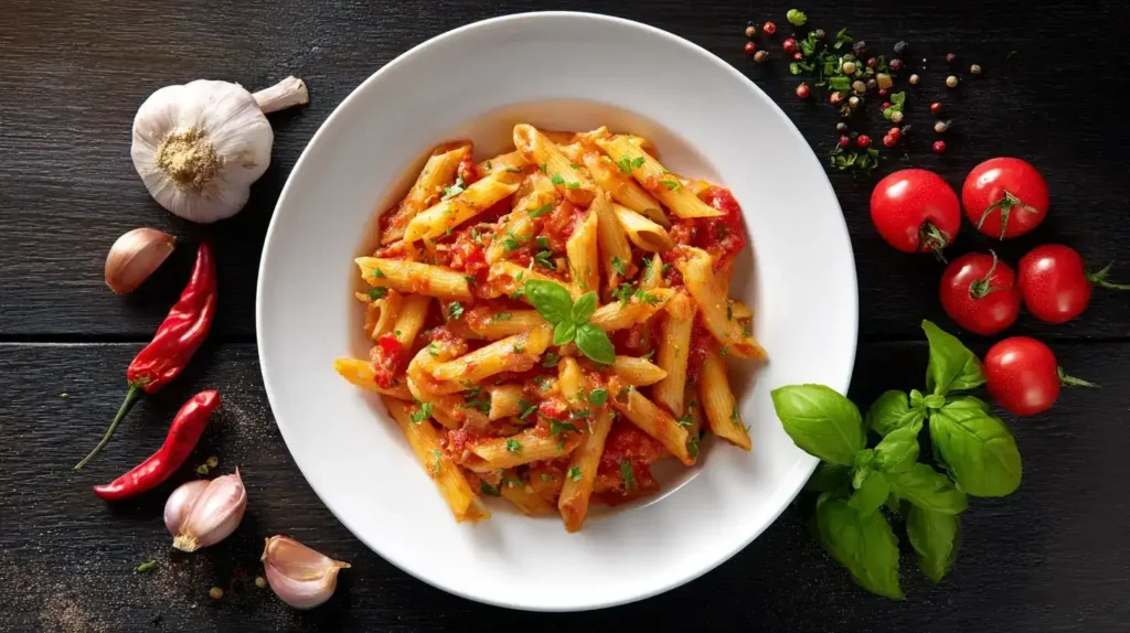 Penne Arrabiata im Zentrum mit Knoblauch, Peperoni und Tomaten drumherum
