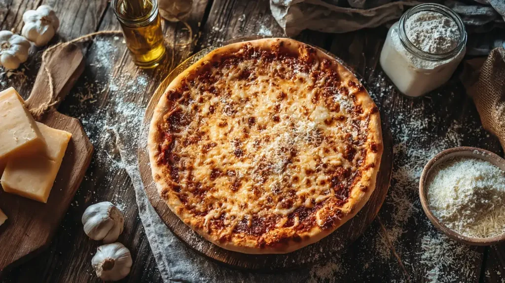 Pizzateig ohne Hefe mit Tomatensoße und Käse frisch gebacken