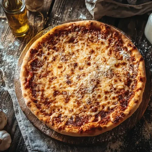 Pizzateig ohne Hefe mit Tomatensoße und Käse frisch gebacken