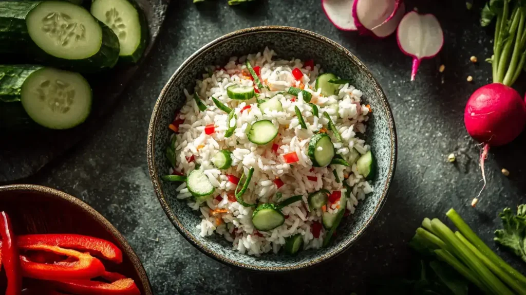 Reissalat in der Mitte mit drei Zutaten (Paprika, Gurke, Radieschen) umgeben