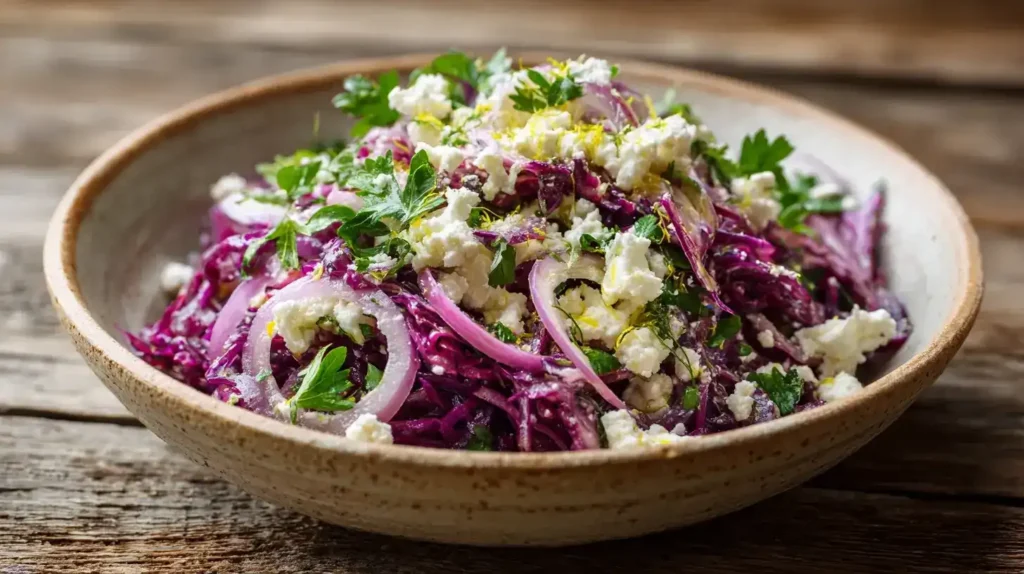 Knackiger Rotkohlsalat mit Schafskäse Knackiger Rotkohlsalat mit Schafskäse in einer Schüssel serviert
