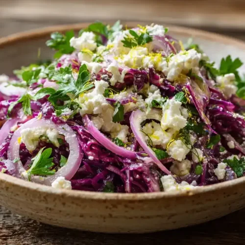 Knackiger Rotkohlsalat mit Schafskäse in einer Schüssel serviert
