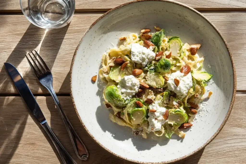 Rosenkohl, Mandeln und Ricotta als Zutaten für schnelle Pasta