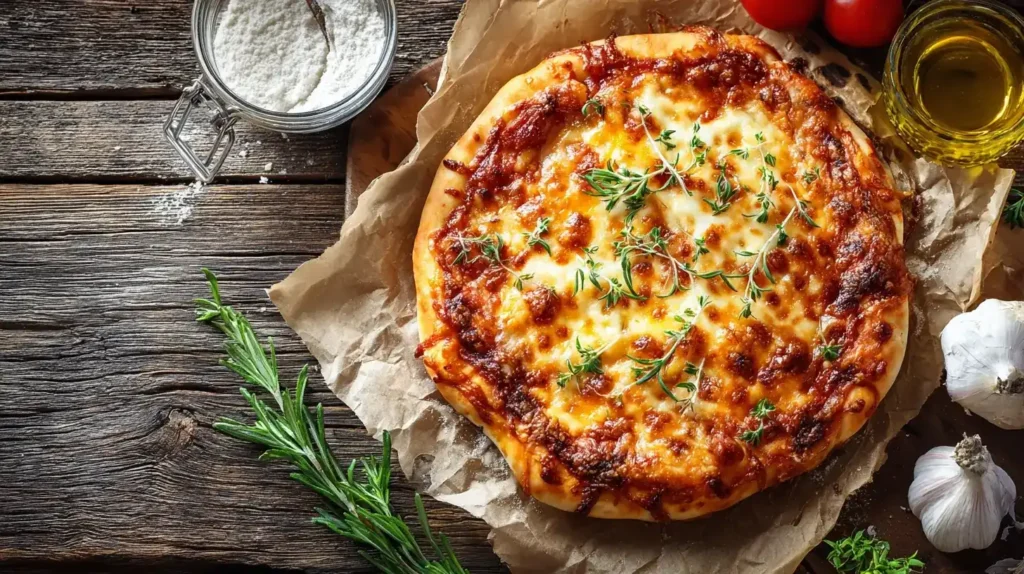 Schnelle Pizza ohne Hefe auf Holzbrett mit geschmolzenem Käse