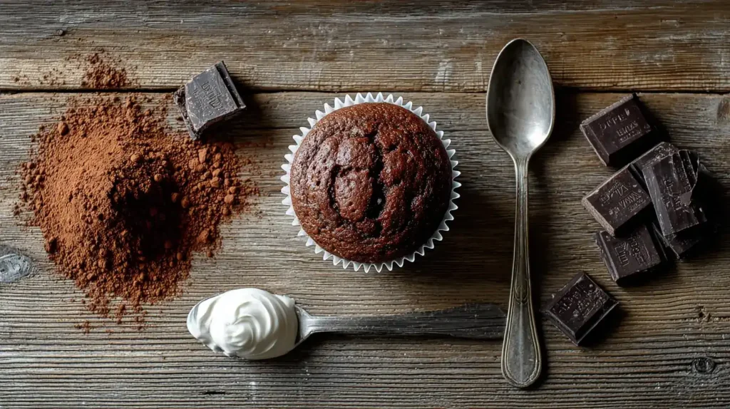 Frische Schokomuffins mit Schmand und Backkakao auf rustikalem Holztisch