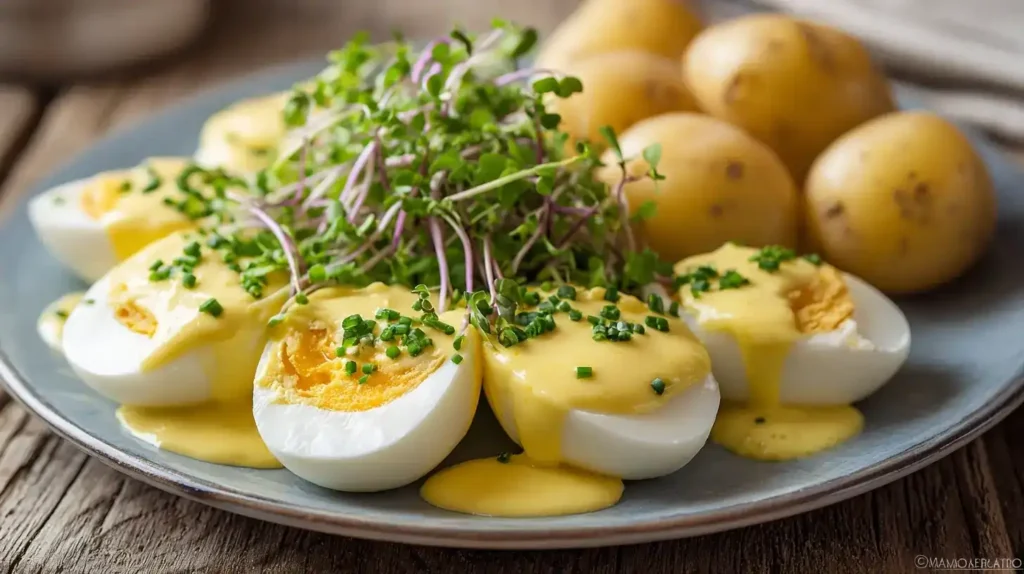 Traditionelle Senfeier auf Teller mit Kartoffeln und cremiger Senfsoße – Hausmannskost wie bei Oma.