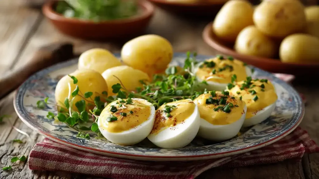Cremige Senfeier in würziger Senfsoße mit frischer Kresse und Salzkartoffeln serviert – klassisches deutsches Rezept.