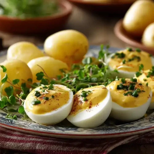 Cremige Senfeier in würziger Senfsoße mit frischer Kresse und Salzkartoffeln serviert – klassisches deutsches Rezept.