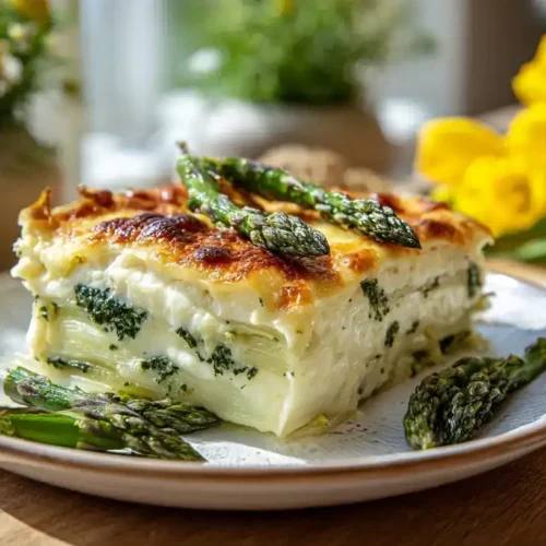Cremige Spargel-Lasagne mit goldbrauner Mozzarella-Kruste und frischem Spargel in Auflaufform