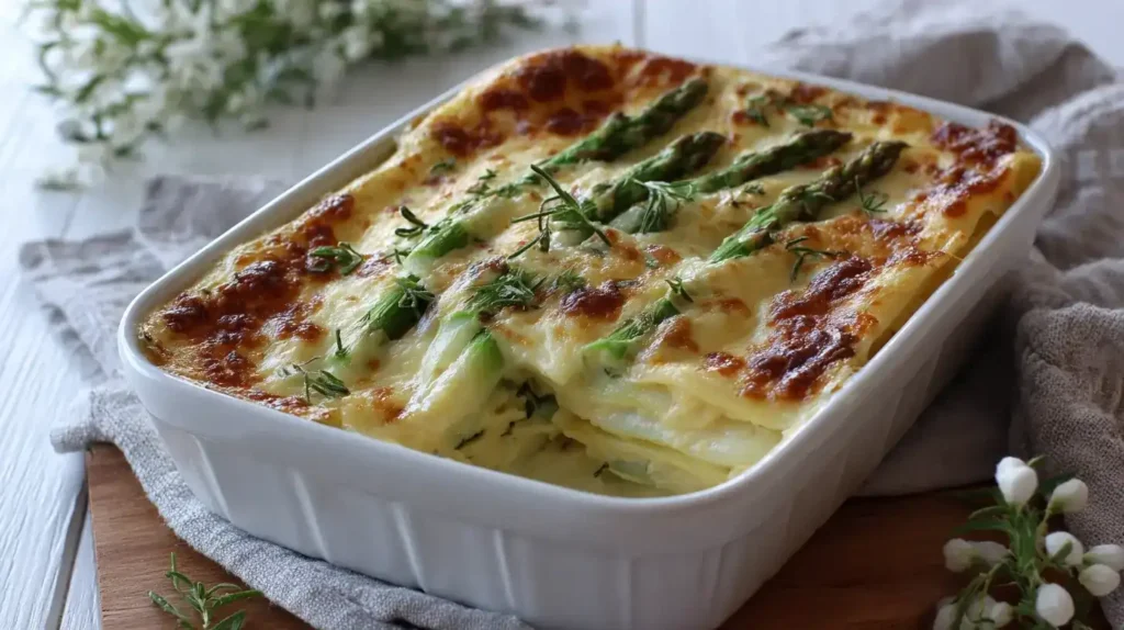 Servierte Spargel-Lasagne auf Teller mit frischem Spargel und frühlingshaften Kräutern