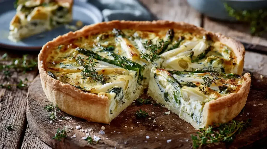 Frisch gebackene Spargelquiche mit weißem und grünem Spargel auf rustikalem Holztisch