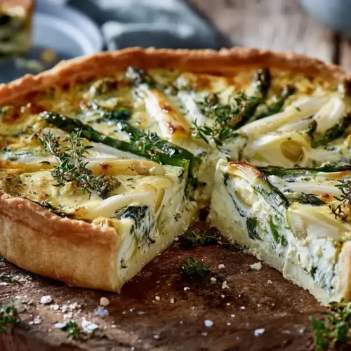 Frisch gebackene Spargelquiche mit weißem und grünem Spargel auf rustikalem Holztisch