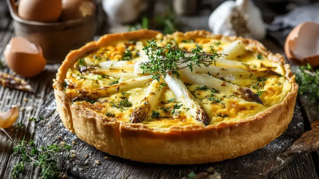 Serviertes Stück Spargelquiche mit weißem und grünem Spargel und frischem Thymian
