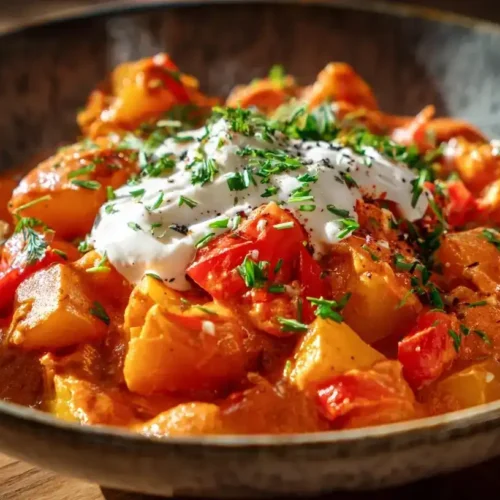 Vegetarisches Kartoffelgulasch mit Paprika serviert im Topf