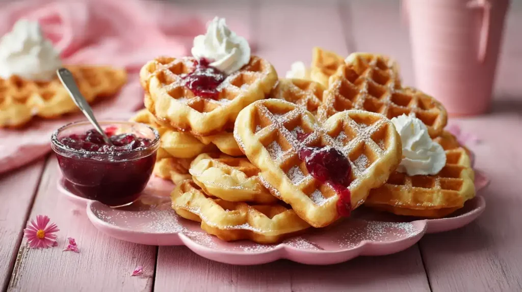 Herzwaffeln auf Teller serviert, fluffig und warm, ideal für Frühstück oder Dessert