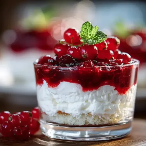 Windbeutel-Dessert mit Roter Grütze in einem Glas, cremige Schmand-Schicht und fruchtige Rote Grütze