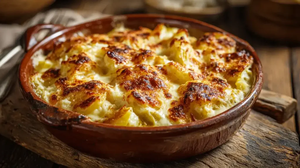 Wirsing-Kartoffel-Auflauf mit Käse überbacken Goldbraun überbackener Wirsing-Kartoffel-Auflauf mit Käse, serviert auf Teller