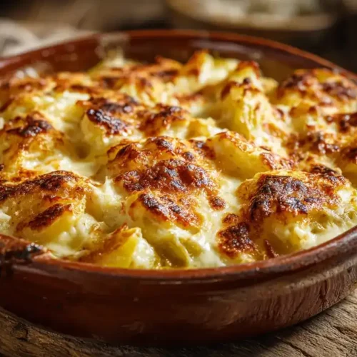 Goldbraun überbackener Wirsing-Kartoffel-Auflauf mit Käse, serviert auf Teller