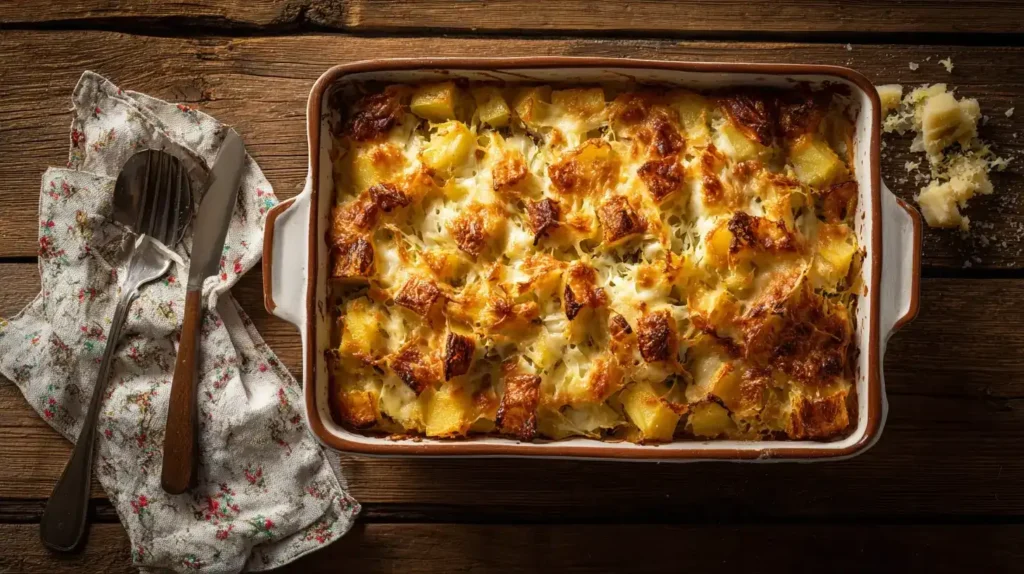 Aufgeschnittener Wirsing-Kartoffel-Auflauf mit geschichteten Kartoffeln, Wirsing und Käse