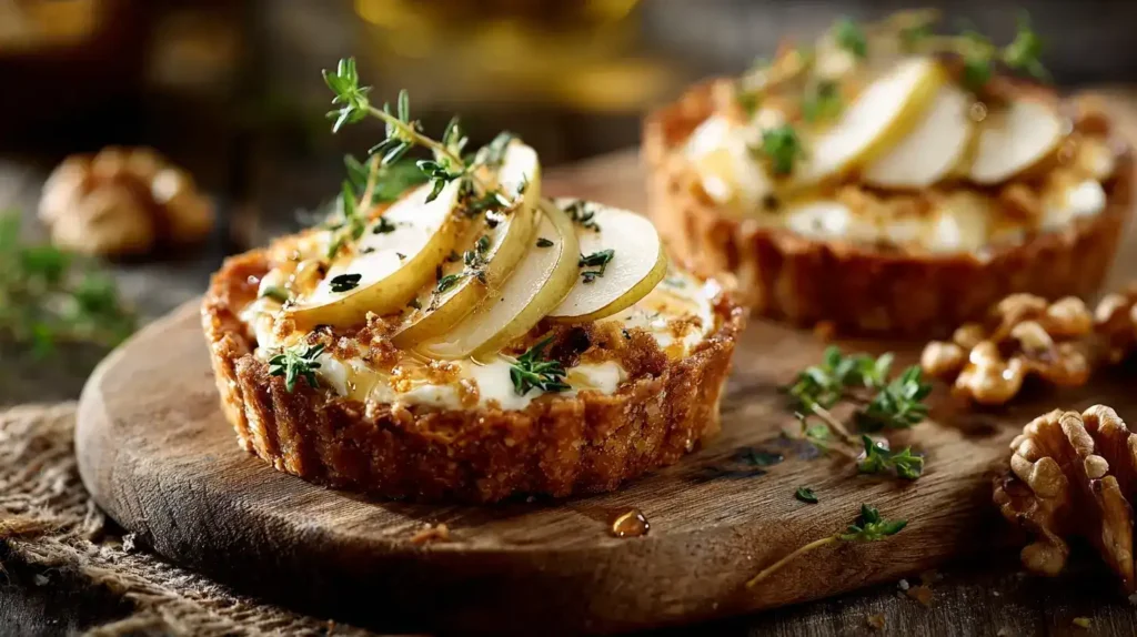 Ziegenkäse-Tartlet mit Feigensenf, Birne, Walnuss und Honig Ziegenkäse-Tartlet mit Feigensenf, Birne, Walnuss und Honig auf rustikalem Teller