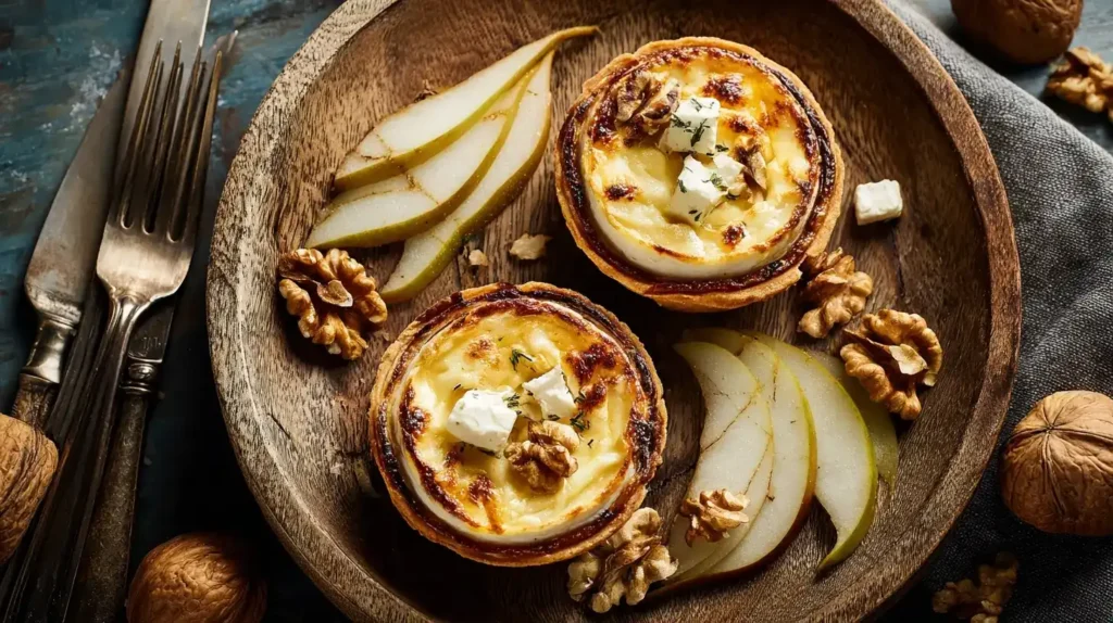 Ziegenkäse-Tartlet in der Mitte, Birne, Walnuss und Ziegenkäse drumherum