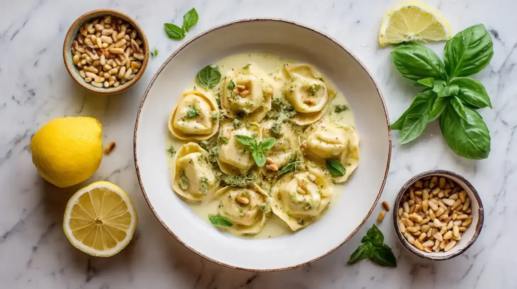 Nahaufnahme von Basilikum-Pesto-Tortelloni in Zitronensauce mit frischem Zitronenabrieb und Parmesan