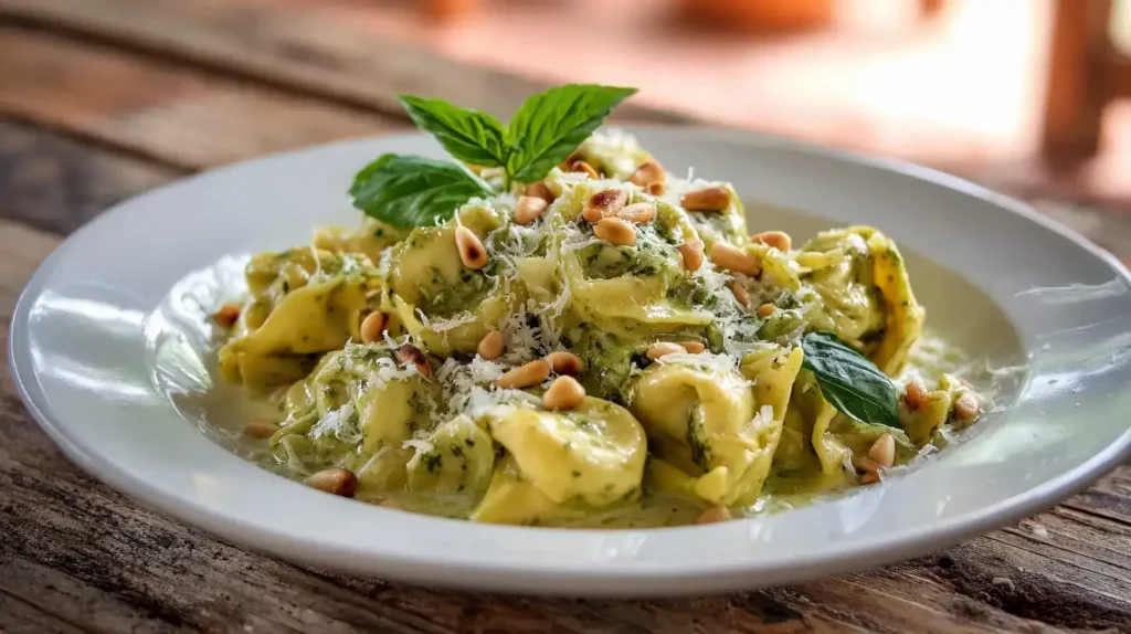 Basilikum-Pesto-Tortelloni in cremiger Zitronensauce serviert auf weißem Teller mit Pinienkernen und Basilikum