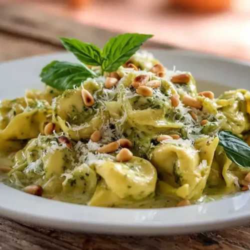 Basilikum-Pesto-Tortelloni in cremiger Zitronensauce serviert auf weißem Teller mit Pinienkernen und Basilikum