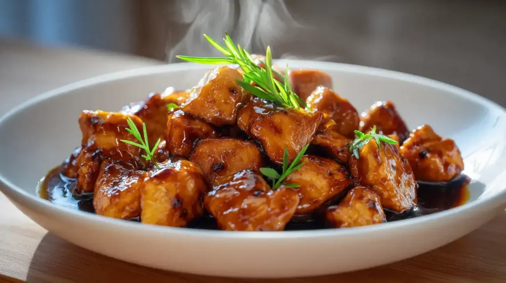 Angebratene Hähnchenwürfel in der Pfanne vor dem Vermengen mit Teriyaki-Sauce