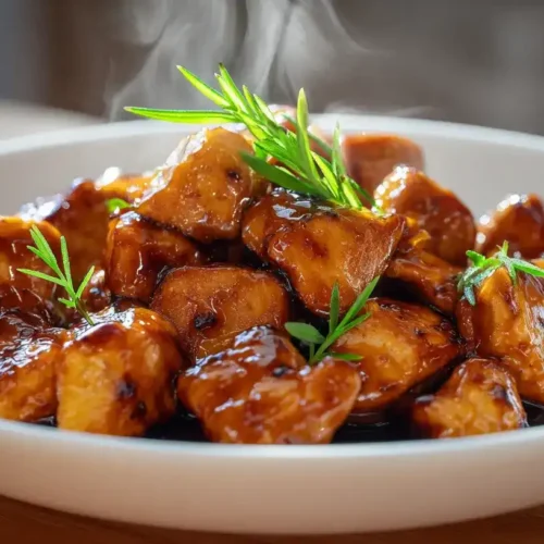 Angebratene Hähnchenwürfel in der Pfanne vor dem Vermengen mit Teriyaki-Sauce