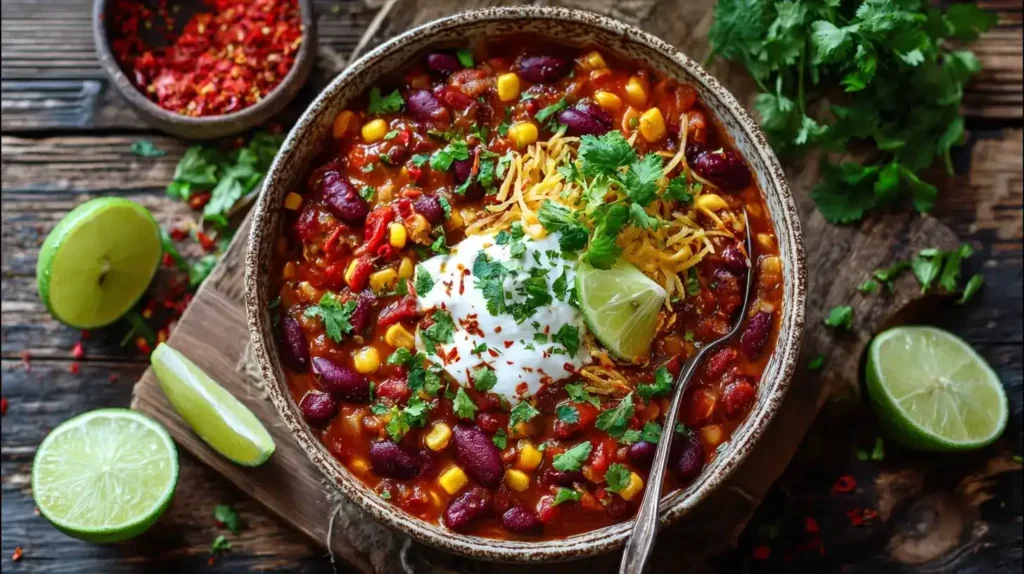 Bunte Chili sin Carne mit Linsen, Bohnen und Paprika in einer Schüssel, serviert mit Limette und Créme Fraîche