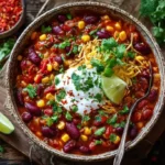 Bunte Chili sin Carne mit Linsen, Bohnen und Paprika in einer Schüssel, serviert mit Limette und Créme Fraîche