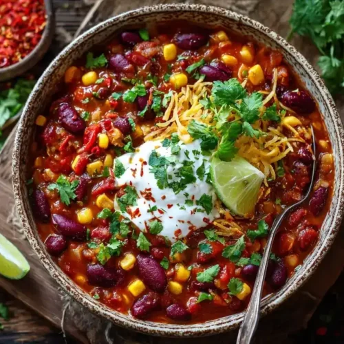 Bunte Chili sin Carne mit Linsen, Bohnen und Paprika in einer Schüssel, serviert mit Limette und Créme Fraîche