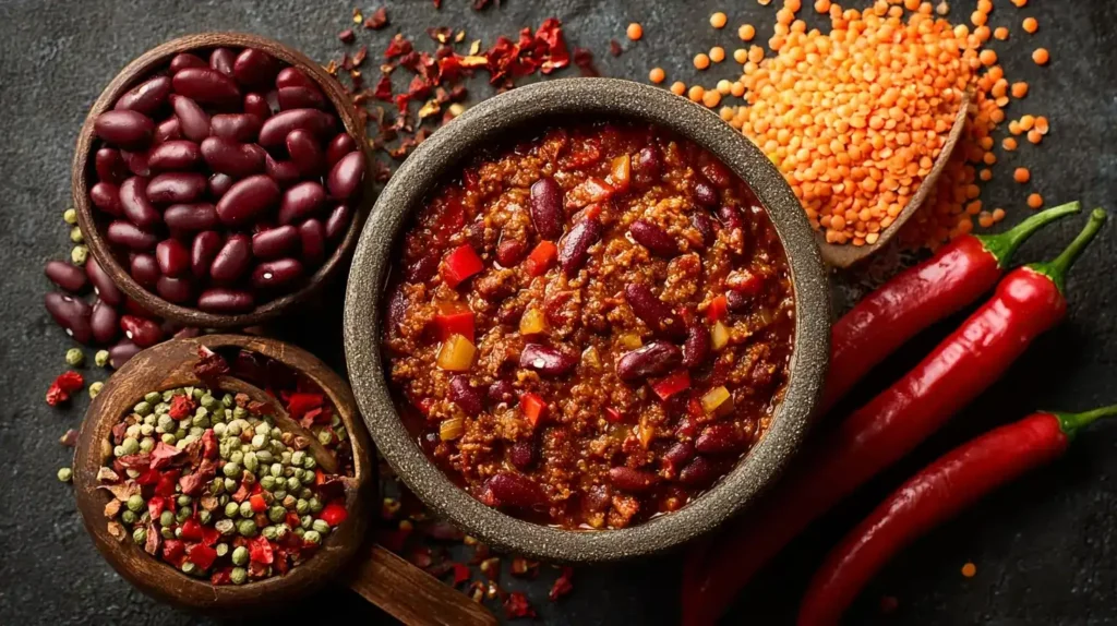 Chili sin Carne in der Mitte, rote Linsen, Kidneybohnen und Paprika um das Gericht herum angeordnet