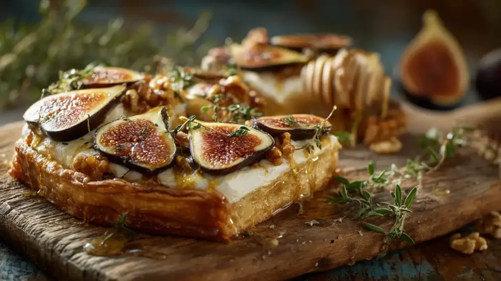 Feigentarte mit Ziegenkäse, Walnuss und Thymian frisch gebacken auf rustikalem Holztisch